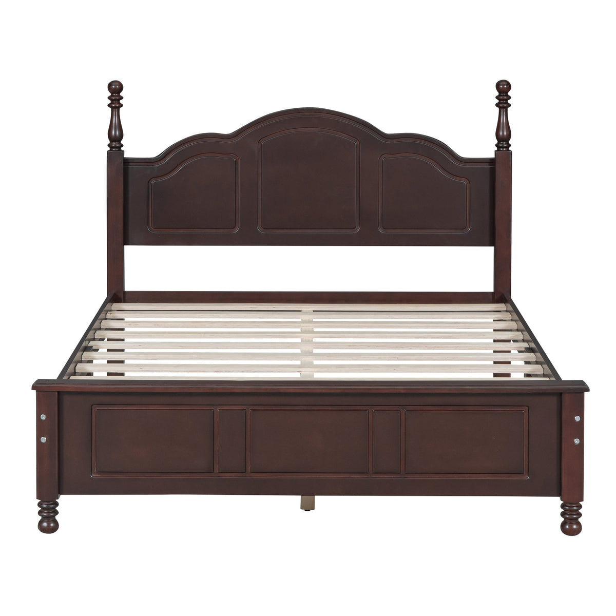 Full-size wood platform bed frame in dark brown with arched headboard and posts HouseOfZazla on Tampa Home & Garden Store