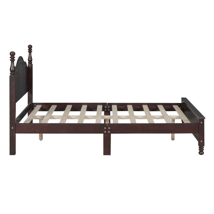 Full size wood platform bed frame in dark brown with carved spindle posts on Tampa Home & Garden Store