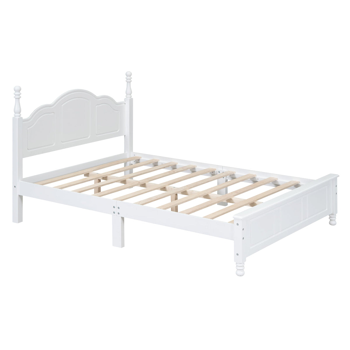 Full-size white wood platform bed frame with headboard and turned posts, slatted base on Tampa Home & Garden Store