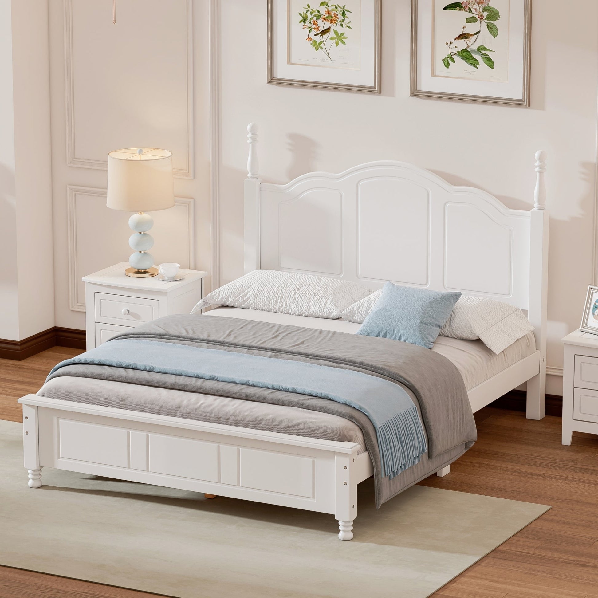 Full size white wood platform bed frame with paneled headboard and turned posts on Tampa Home & Garden Store