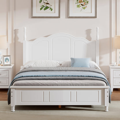 Full-size white wood platform bed frame with curved headboard and turned posts blue bedding on Tampa Home & Garden Store