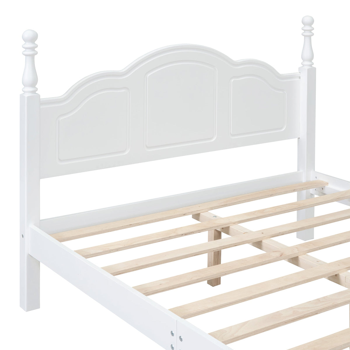 Full-size white wood platform bed frame with paneled headboard and decorative turned posts HouseOfZazla on Tampa Home & Garden Store