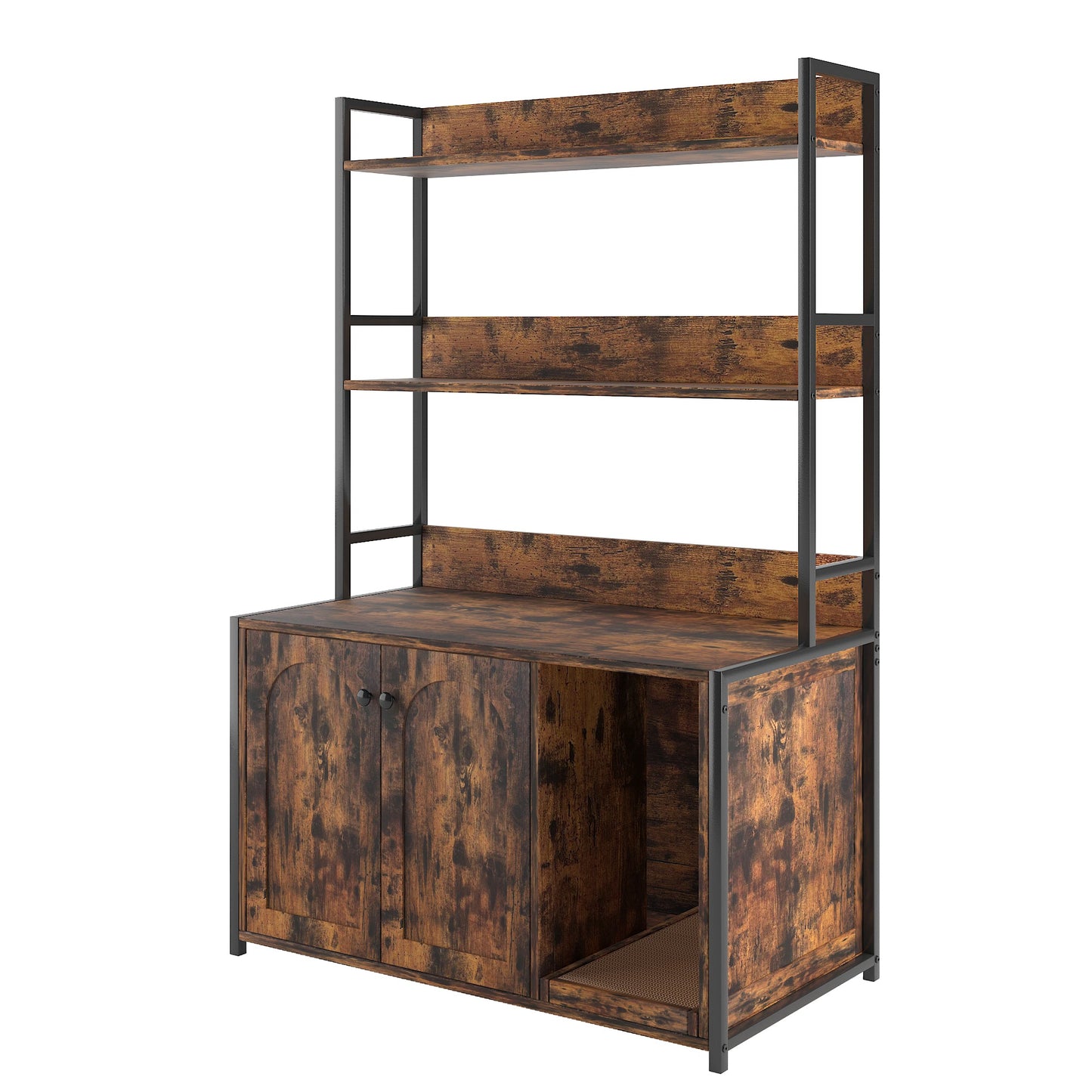 Large cat litter box enclosure with shelf storage in rustic wood panels and metal frame on Tampa Home & Garden Store