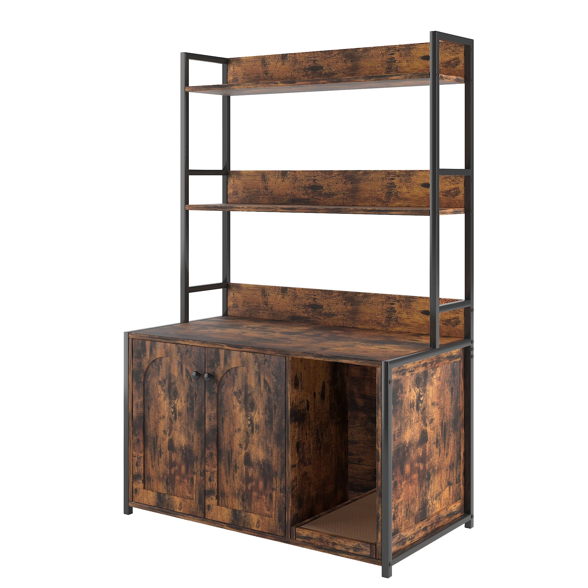 Large cat litter box enclosure with shelf storage in rustic wood panels and metal frame on Tampa Home & Garden Store