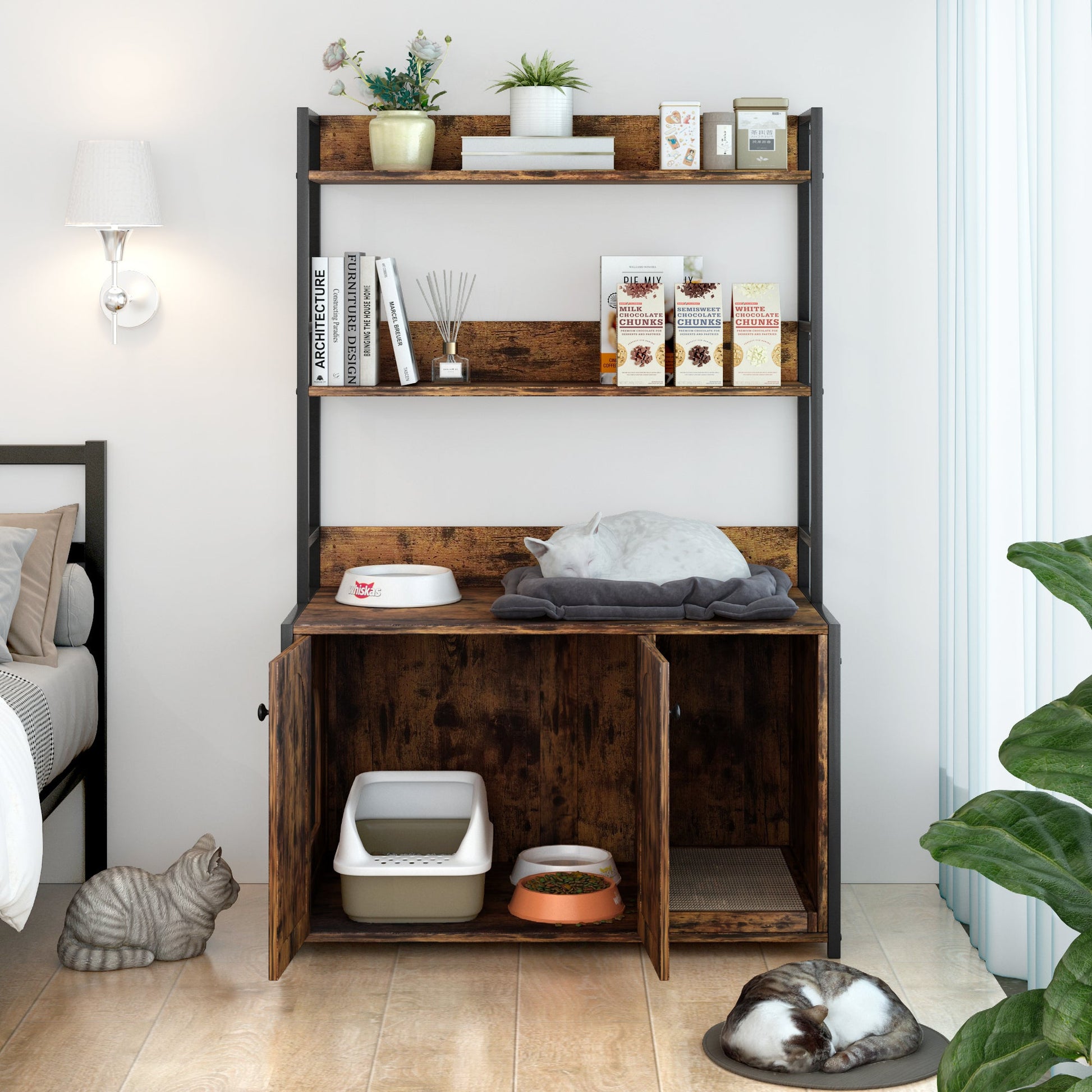 Large Cat Litter Box Enclosure With Shelf Storage in rustic wood and black frame, two cats on Tampa Home & Garden Store