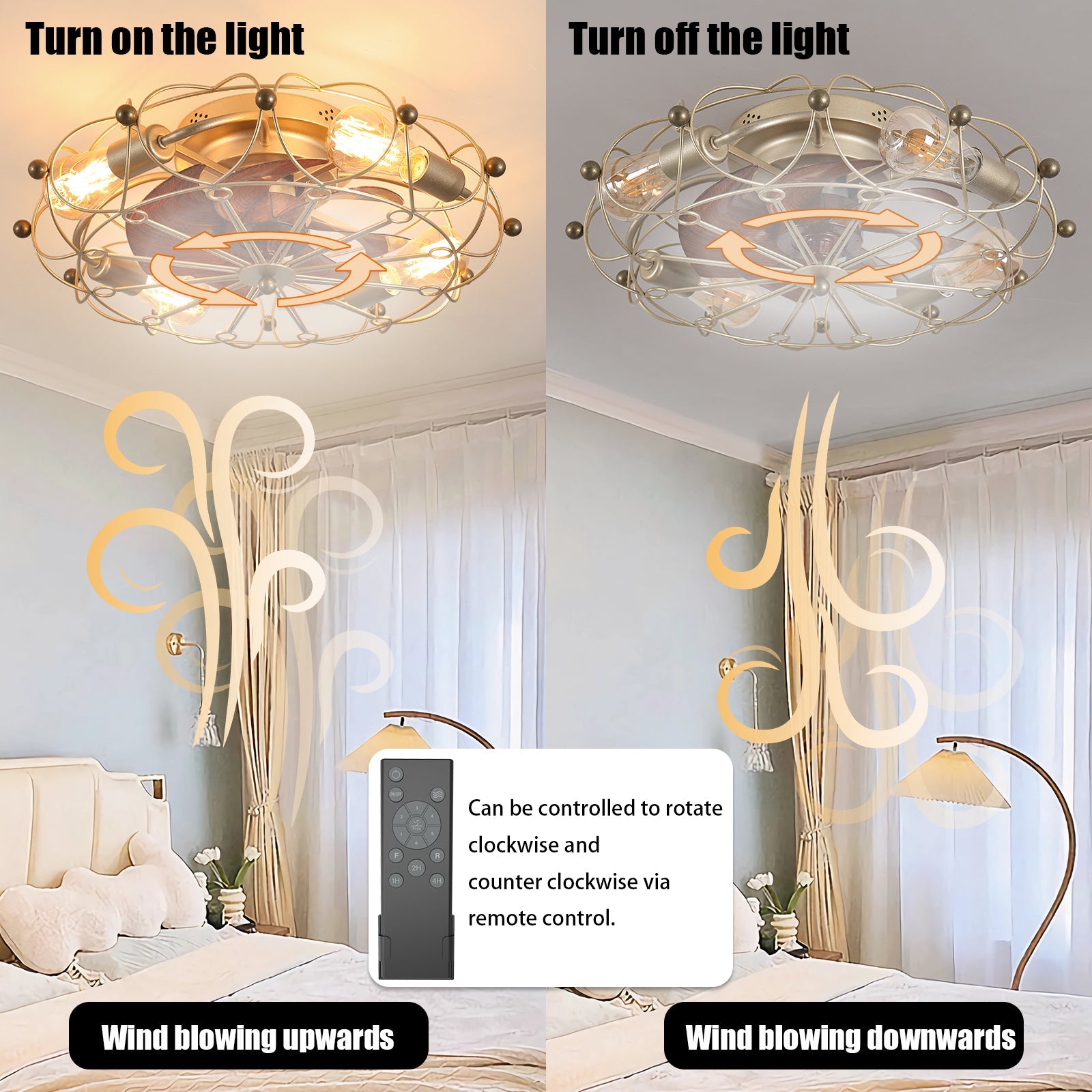 Low profile caged ceiling fan with lights by HouseOfZazla, bronze metal cage, remote control on Tampa Home & Garden Store
