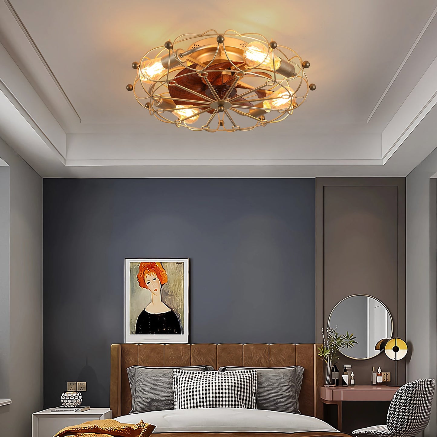 Low profile caged ceiling fan with lights brass finish wood blades by HouseOfZazla remote on Tampa Home & Garden Store