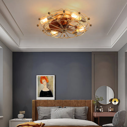 Low profile caged ceiling fan with lights brass finish wood blades by HouseOfZazla remote on Tampa Home & Garden Store
