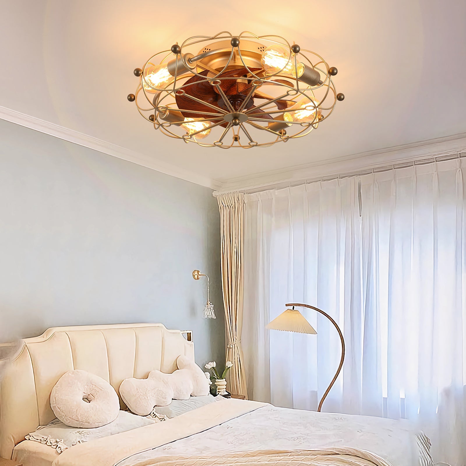 Low profile caged ceiling fan with lights remote control by HouseOfZazla, brass cage on Tampa Home & Garden Store