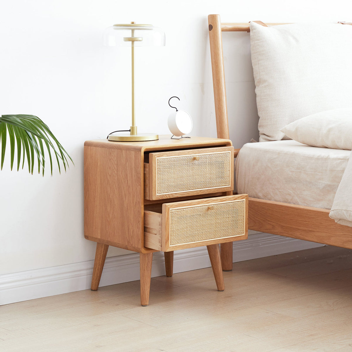 Pure Solid Wood Bedside Cabinet with Rattan Detail, natural wood finish, woven rattan drawer fronts on Tampa Home & Garden Store