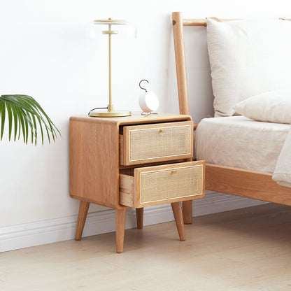 Pure Solid Wood Bedside Cabinet with Rattan Detail, natural wood finish, woven rattan drawer fronts on Tampa Home & Garden Store