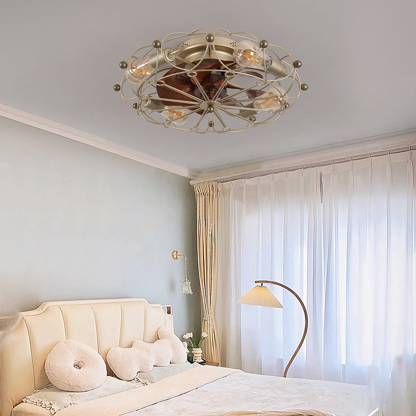 Low profile caged ceiling fan with lights remote control by HouseOfZazla, brass finish on Tampa Home & Garden Store