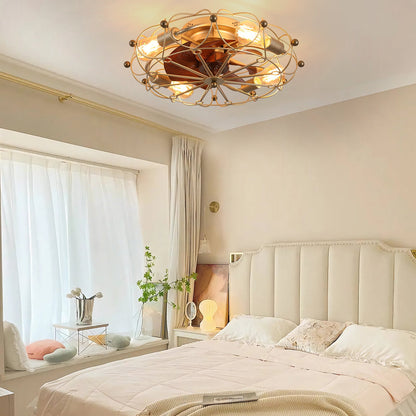 Low profile caged ceiling fan with lights, gold metal cage and wood blades, remote control on Tampa Home & Garden Store