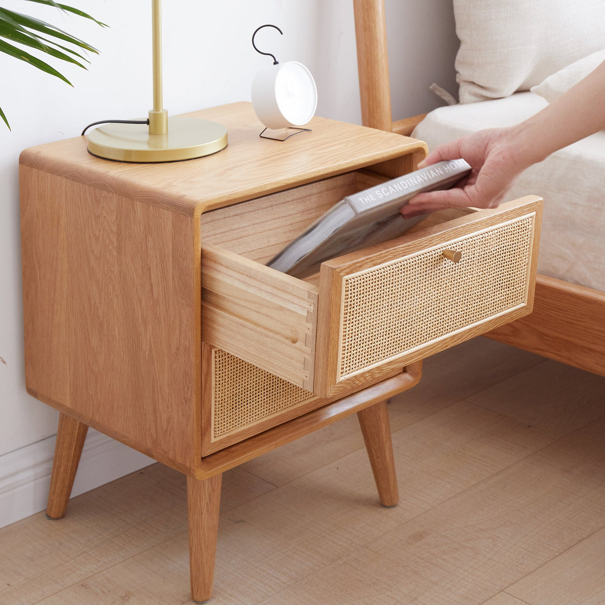 Bedside cabinet, solid wood with rattan detail, natural finish, open shelf on Tampa Home & Garden Store