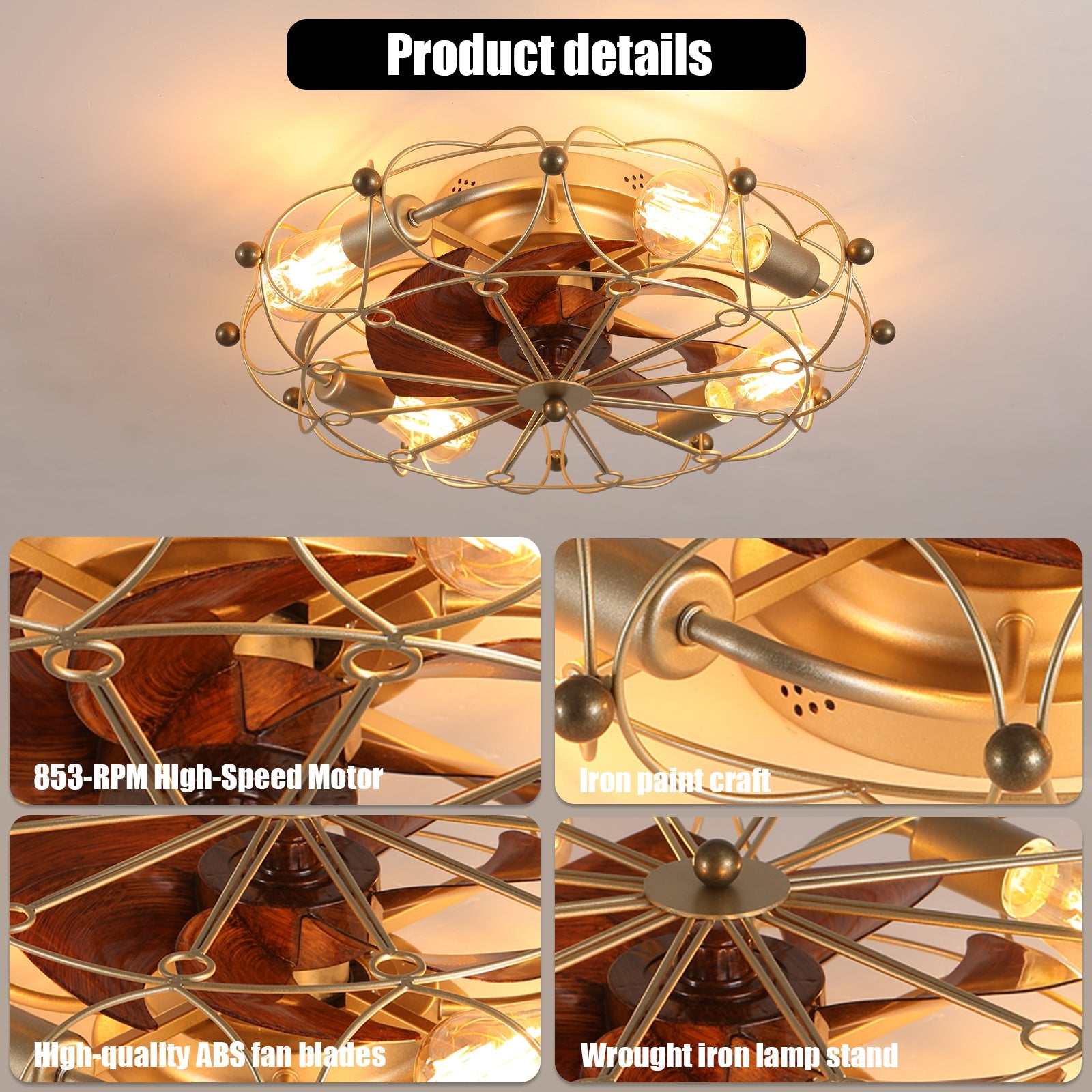 Low Profile Caged Ceiling Fan with Lights by HouseOfZazla, brass cage and wood blades on Tampa Home & Garden Store