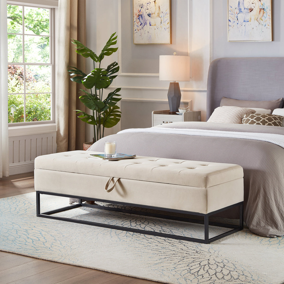 58.6-inch bed bench with beige upholstery and black metal base, storage by HouseOfZazla on Tampa Home & Garden Store