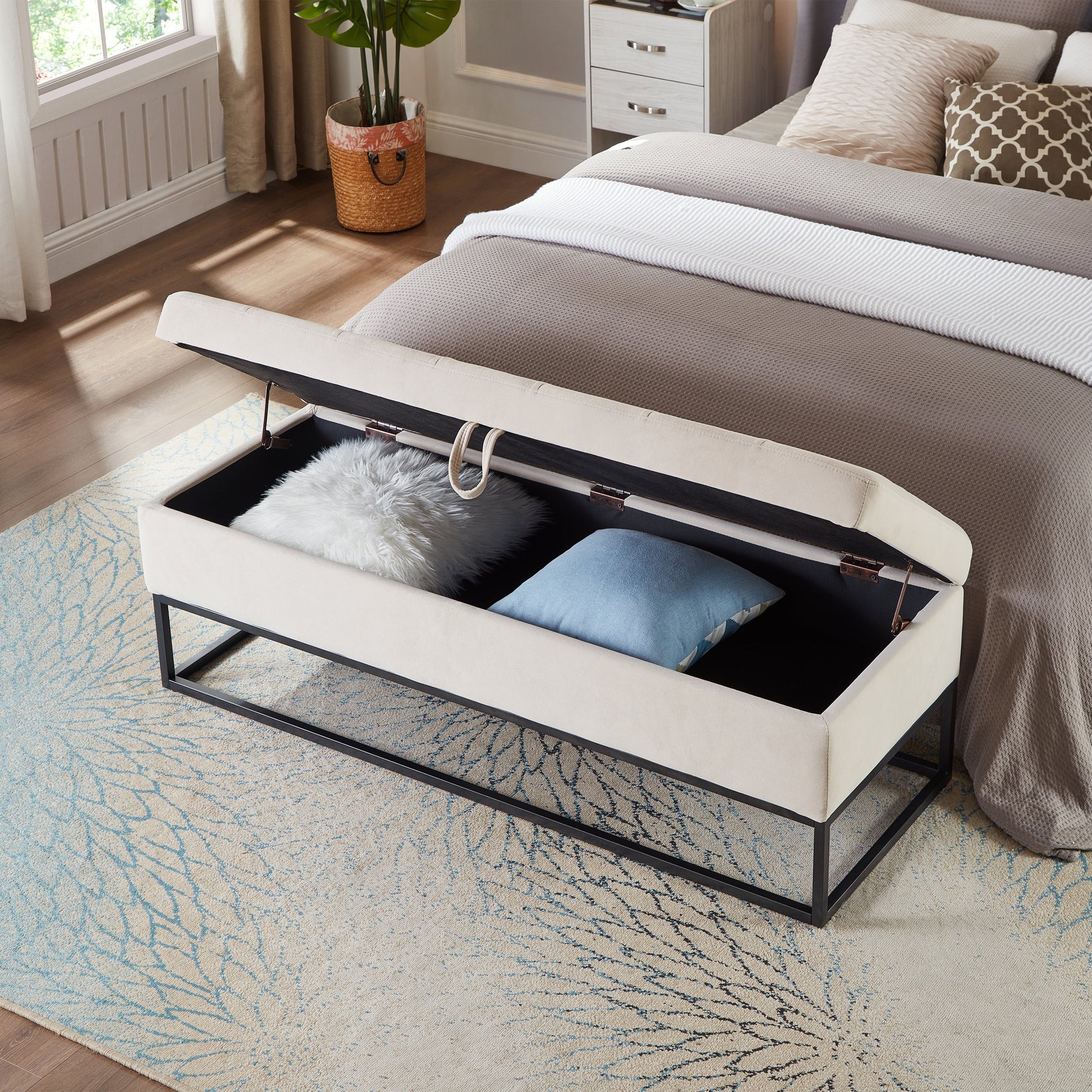 Bed bench with metal base and storage by HouseOfZazla, beige fabric upholstery, 58.6-inch long on Tampa Home & Garden Store