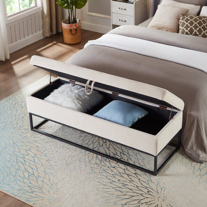 Bed bench with metal base and storage by HouseOfZazla, beige fabric upholstery, 58.6-inch long on Tampa Home & Garden Store