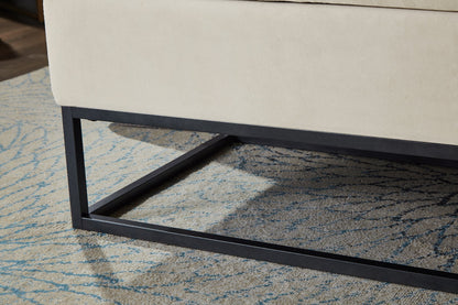 58.6-inch bed bench with beige fabric upholstery and black metal base on Tampa Home & Garden Store