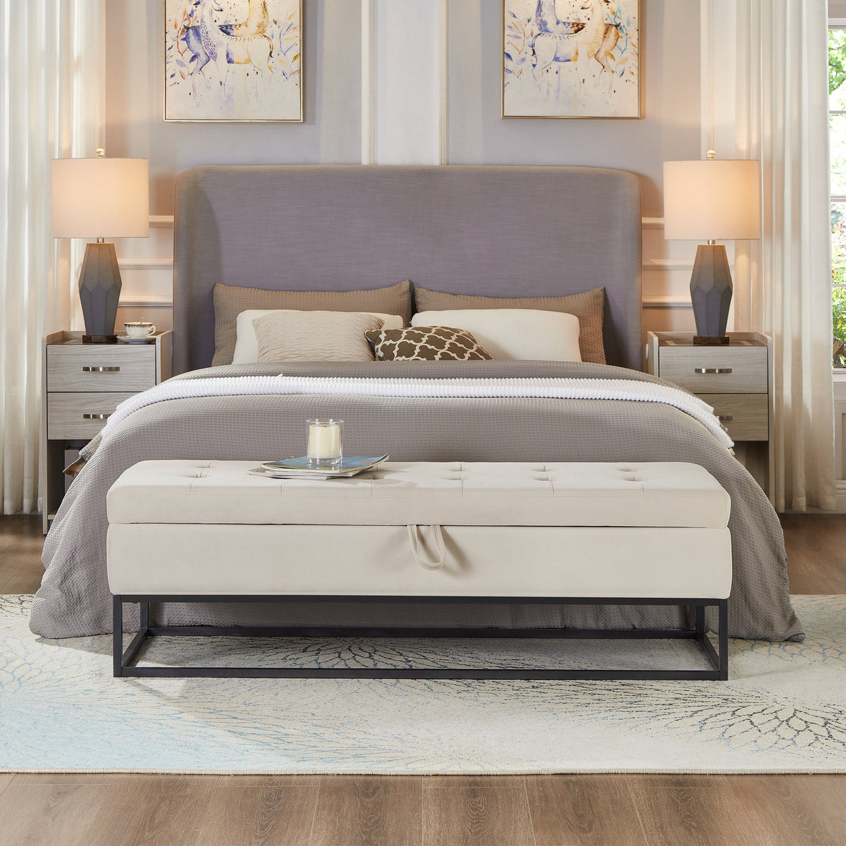 Bed bench with metal base and storage, white upholstered cushion at foot of bed on Tampa Home & Garden Store