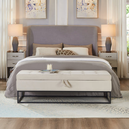 Bed bench with metal base and storage, white upholstered cushion at foot of bed on Tampa Home & Garden Store