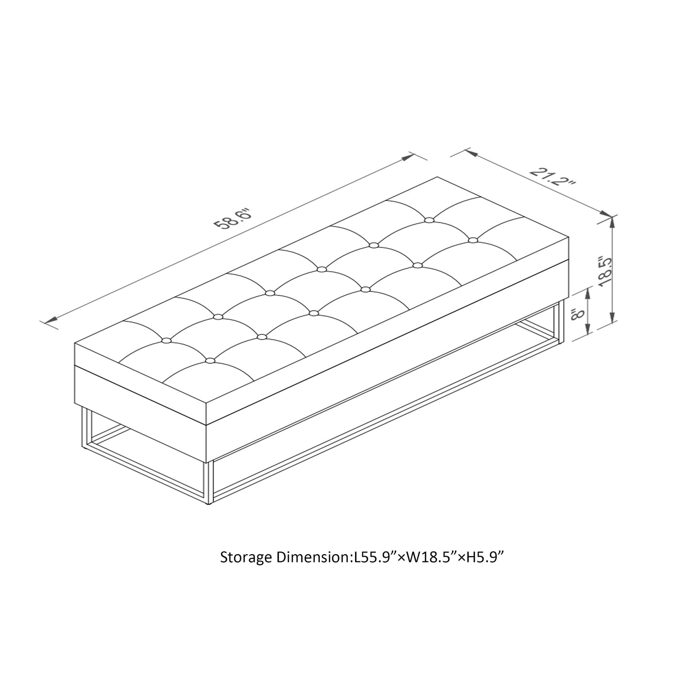 58.6-inch bed bench with metal base and storage by HouseOfZazla in blueprint-style drawing on Tampa Home & Garden Store