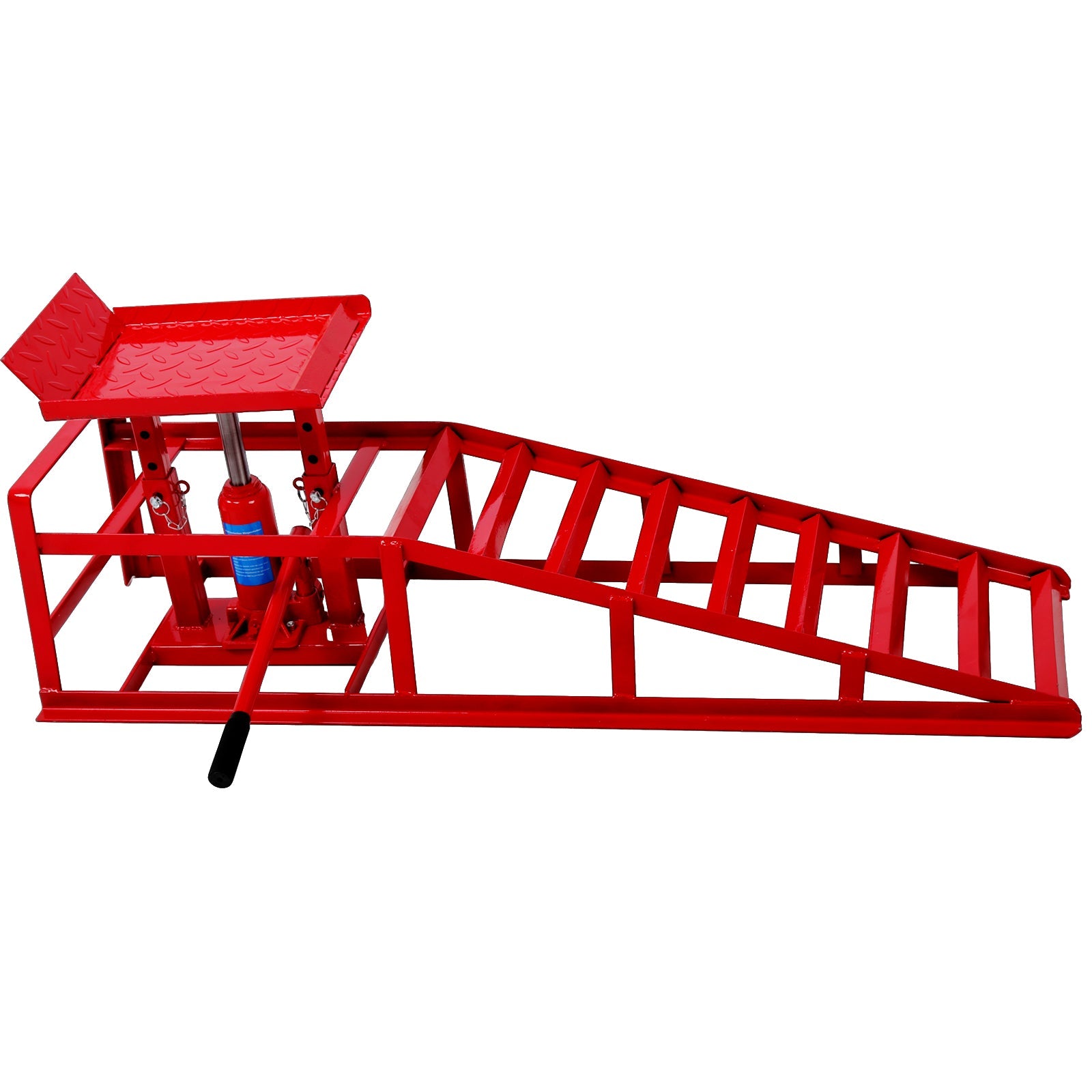 Red auto service ramps with diamond-plate platform and hydraulic jack lift for cars and trucks on Tampa Home & Garden Store