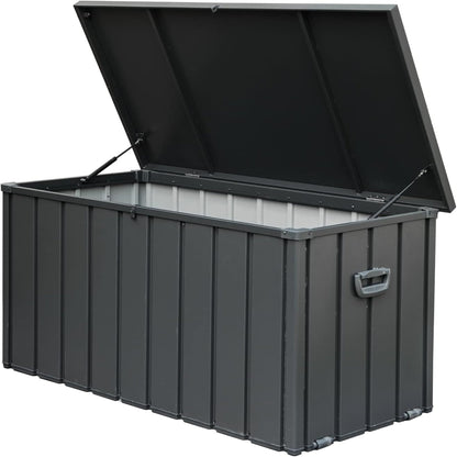 150 Gallon outdoor storage deck box in black, waterproof and lockable with side handles on Tampa Home & Garden Store