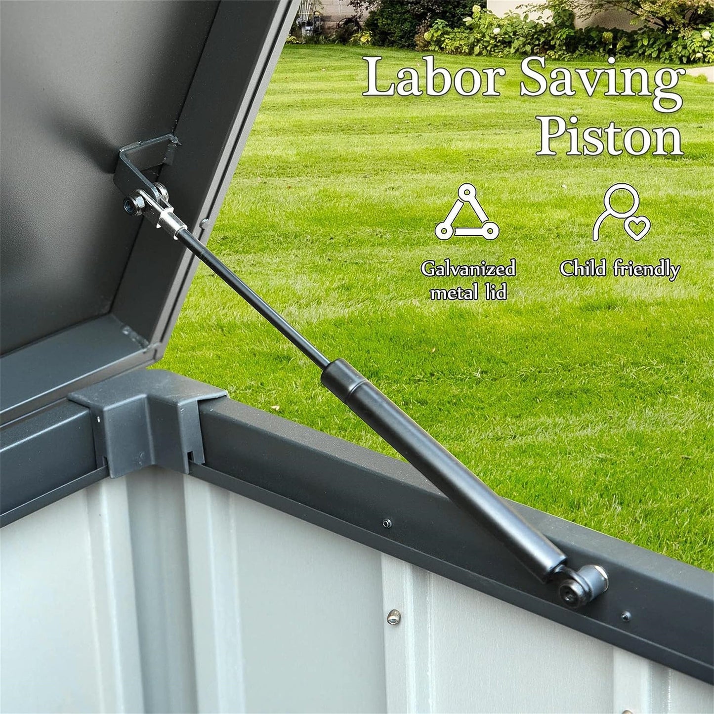 150 Gallon Outdoor Storage Deck Box with galvanized lid and gas piston lift on Tampa Home & Garden Store