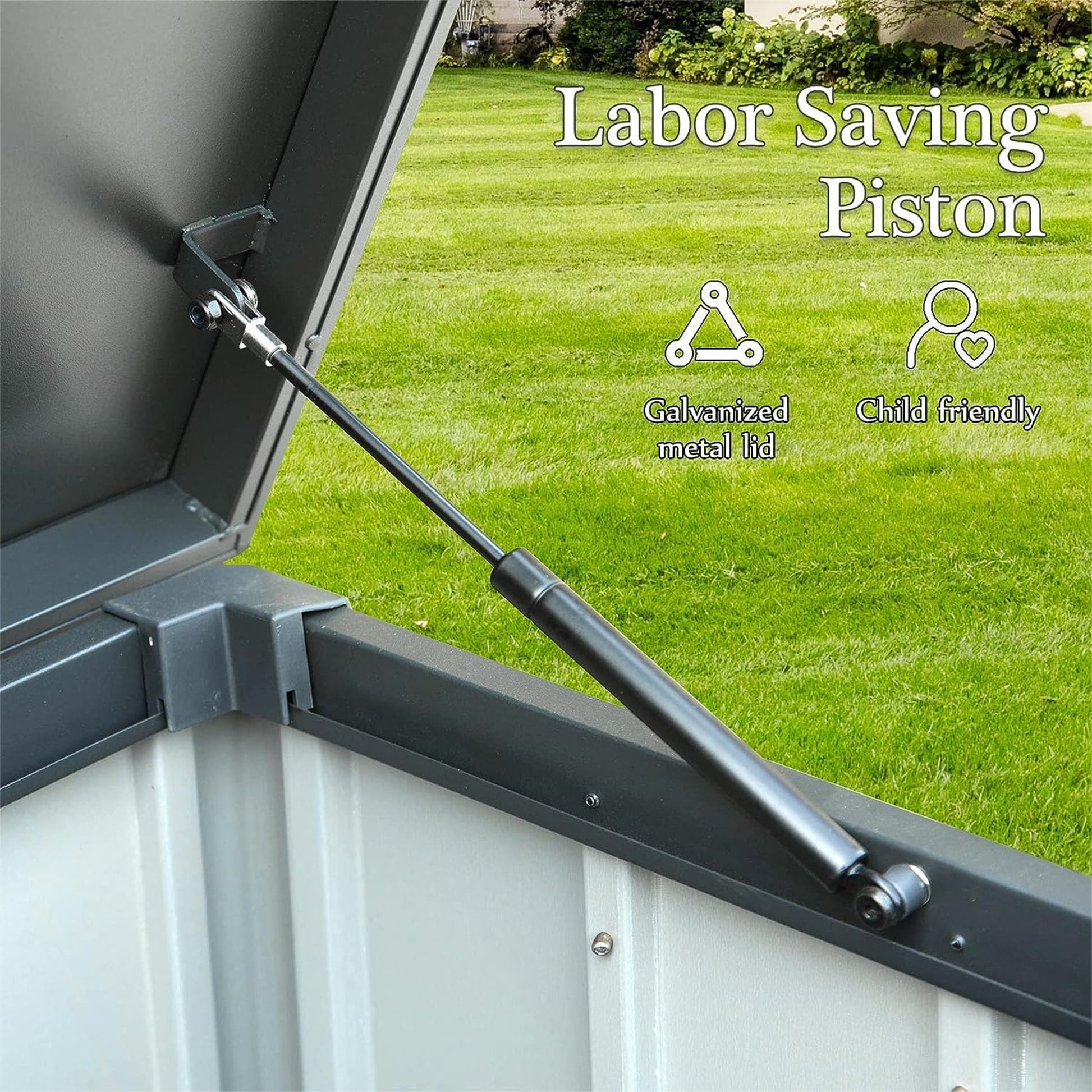 150 Gallon Outdoor Storage Deck Box with galvanized lid and gas piston lift on Tampa Home & Garden Store
