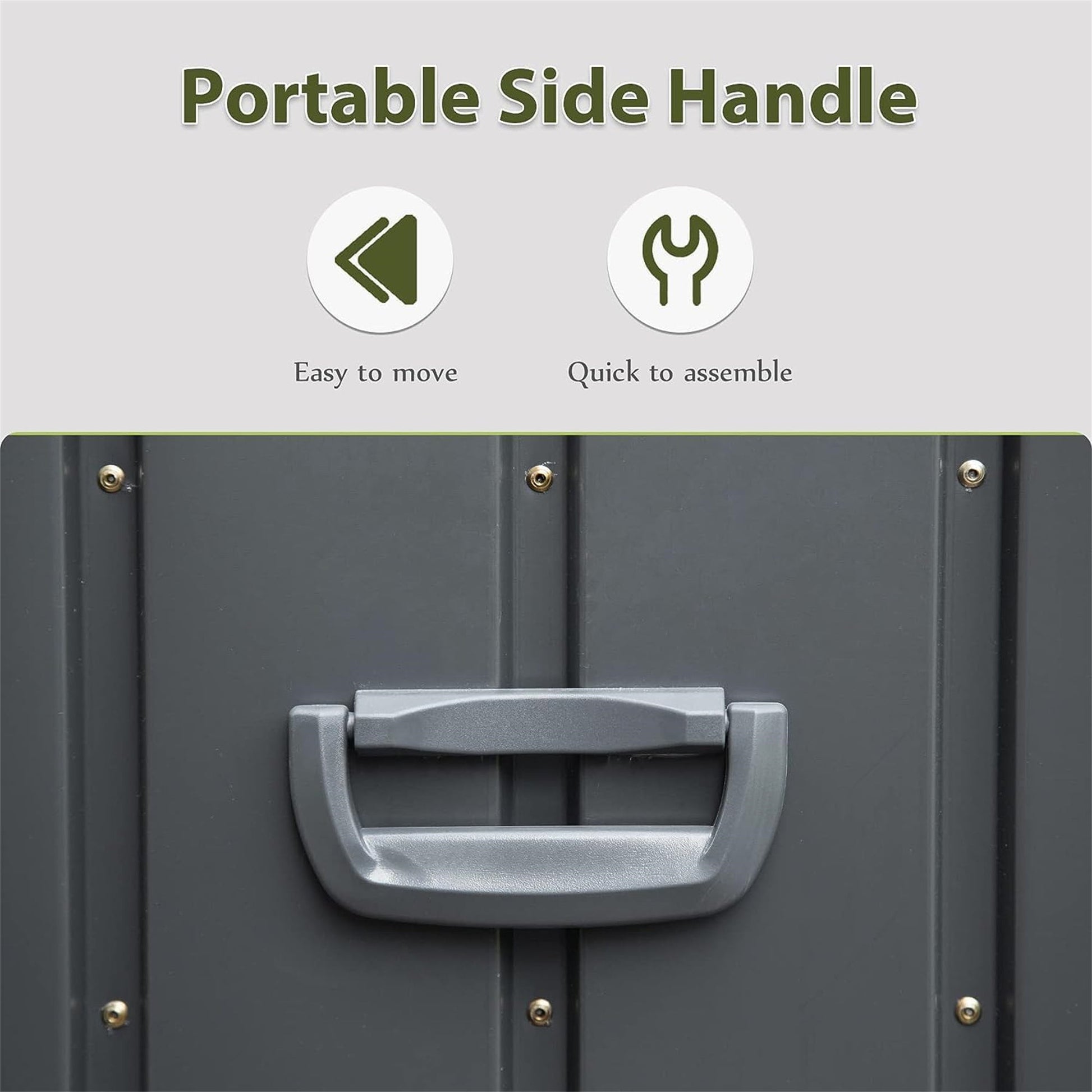 150 Gallon outdoor storage deck box with a large gray portable side handle on Tampa Home & Garden Store