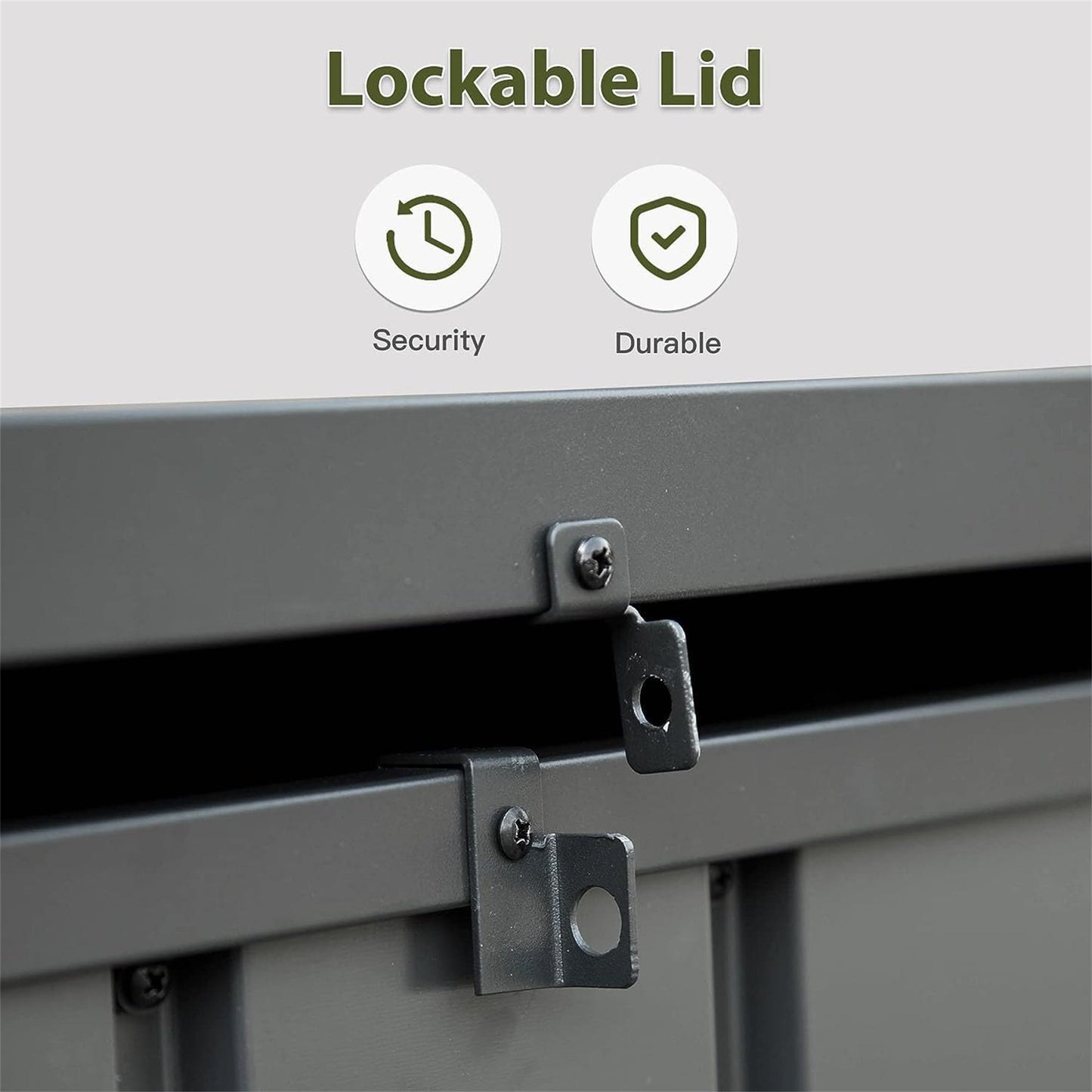 150 gallon outdoor storage deck box dark gray lockable latch close-up on Tampa Home & Garden Store
