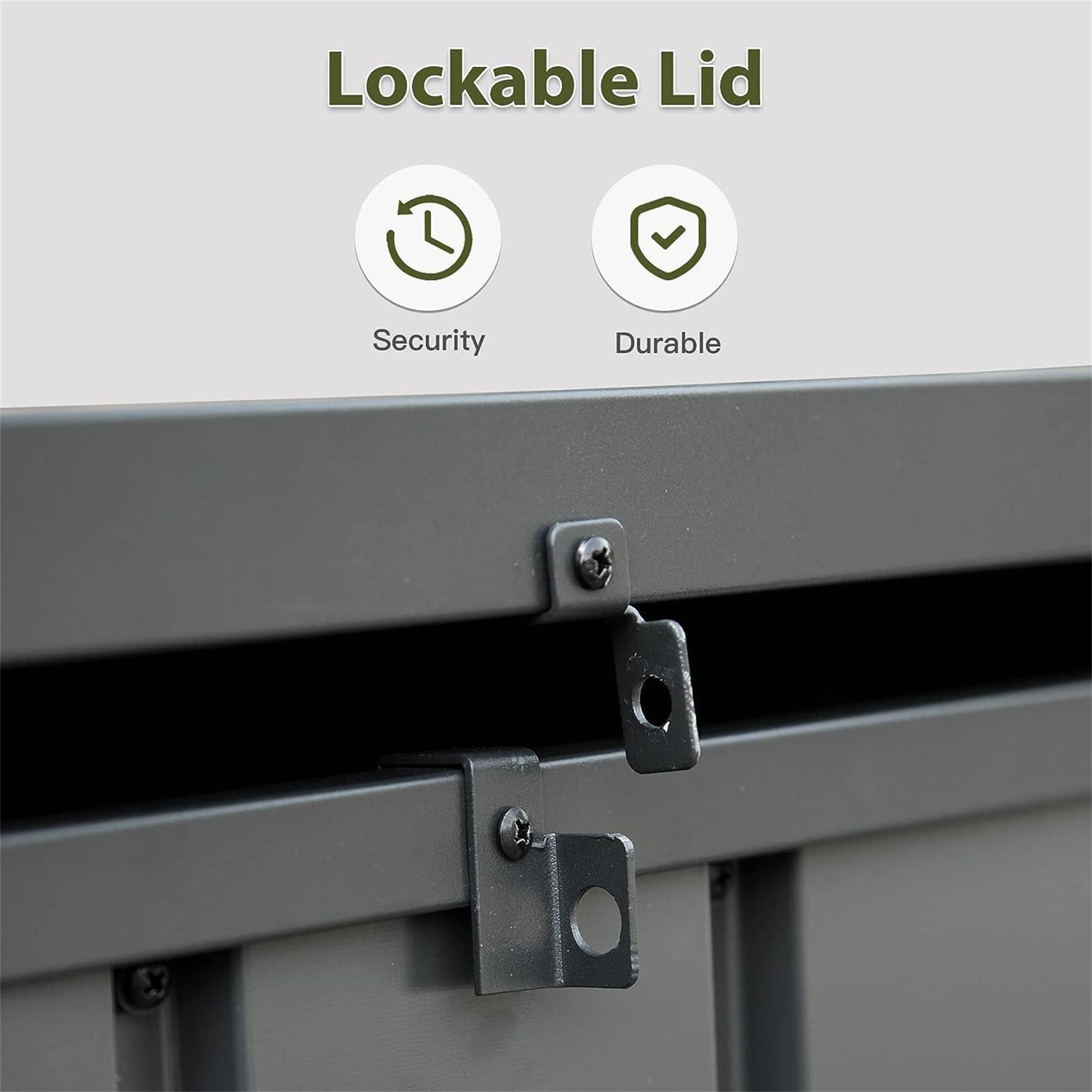 150 gallon outdoor storage deck box dark gray lockable latch close-up on Tampa Home & Garden Store