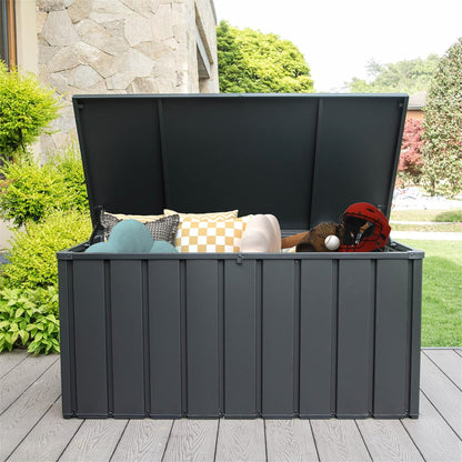 HouseOfZazla 150 Gallon outdoor storage deck box, dark gray with lid open, cushions inside on Tampa Home & Garden Store