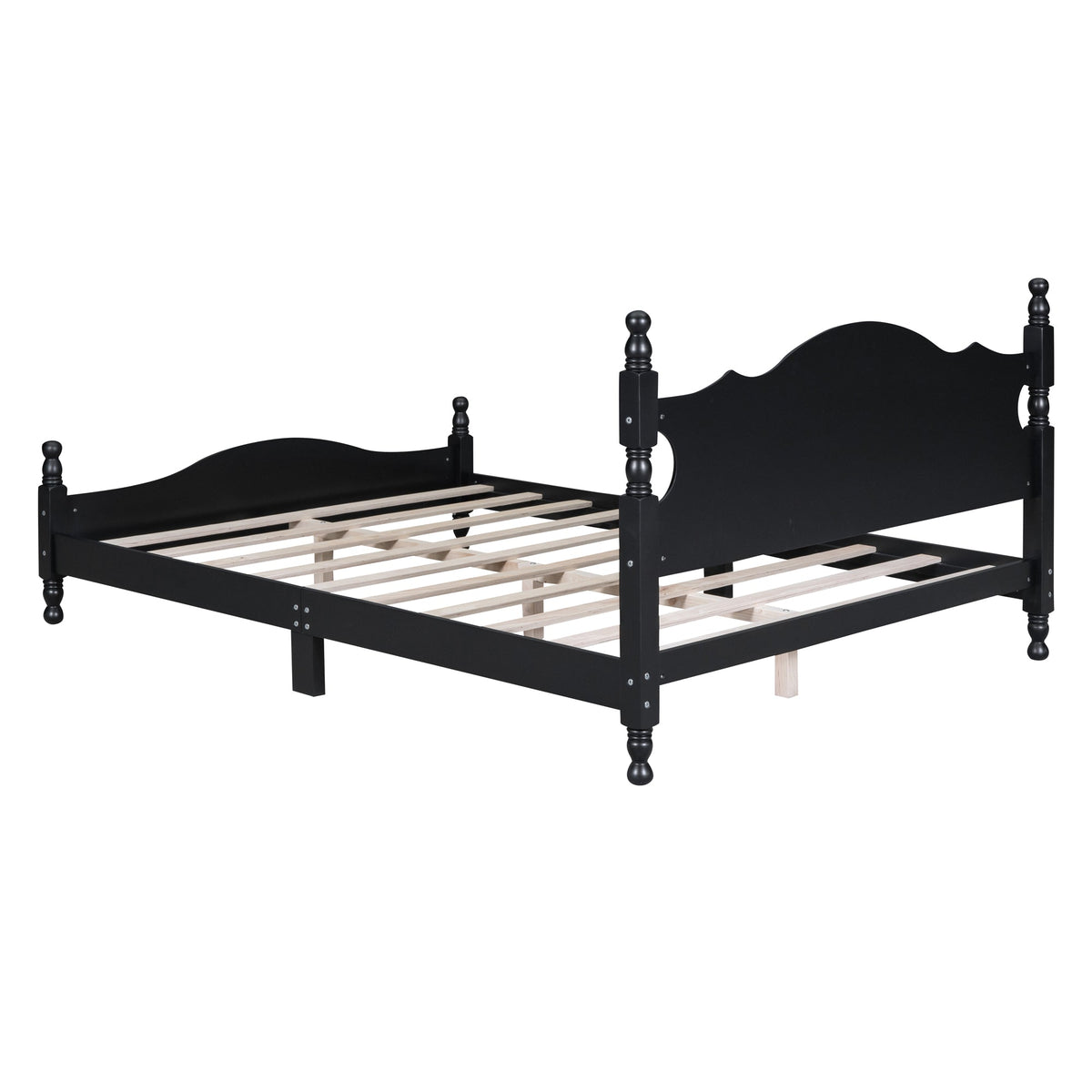 Queen Size Wood Platform Bed Frame HouseOfZazla, black finish, curved headboard with posts on Tampa Home & Garden Store