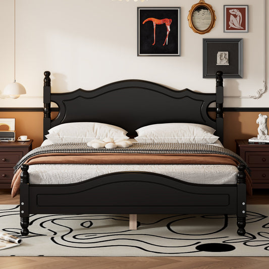 Queen Size Wood Platform Bed Frame by HouseOfZazla in black wood with carved headboard and posts on Tampa Home & Garden Store