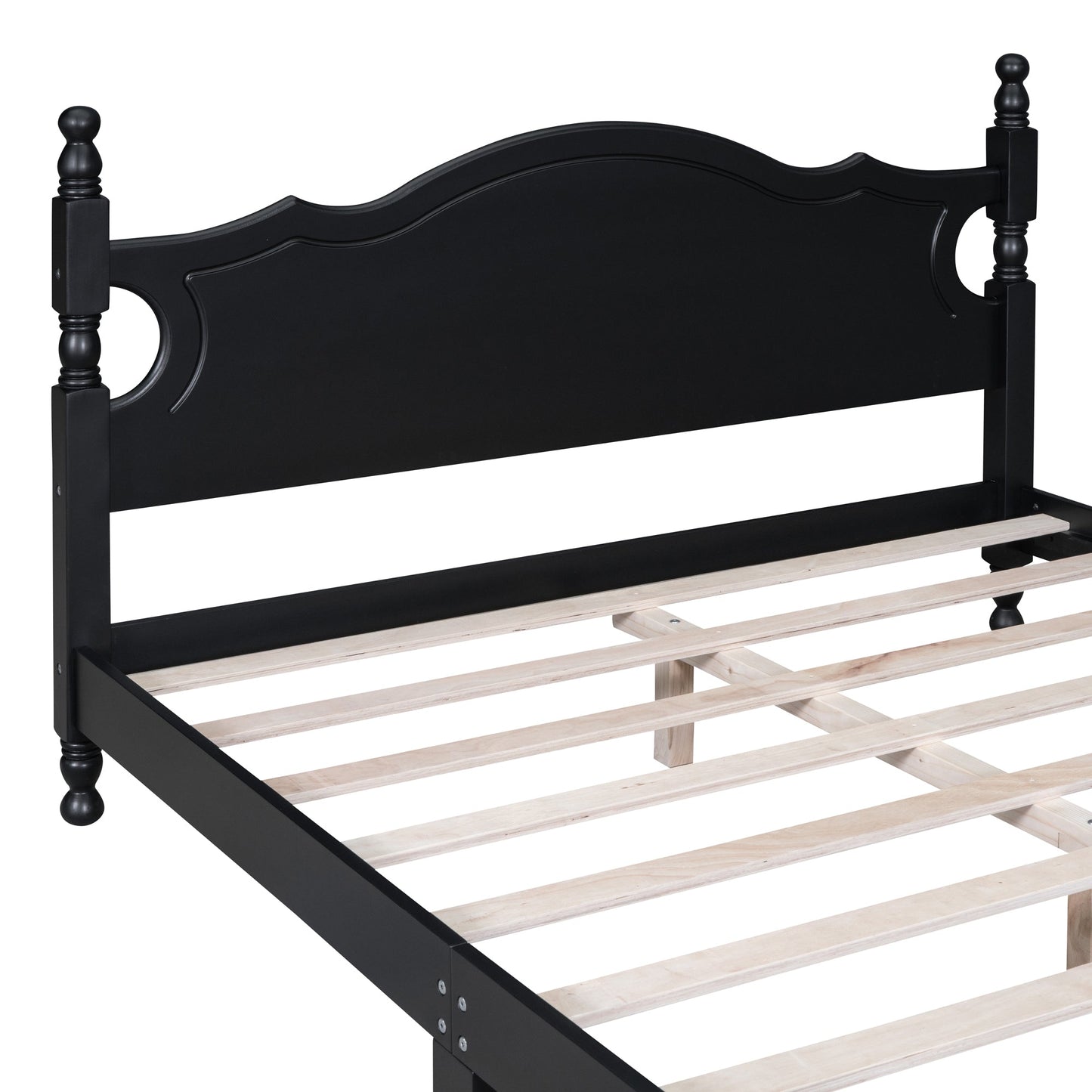Queen Size Wood Platform Bed Frame in black with carved headboard and slatted wood foundation on Tampa Home & Garden Store