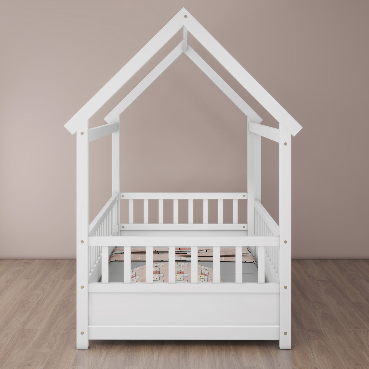 Twin size floor bed with white wooden house-roof frame and slatted rails by HouseOfZazla on Tampa Home & Garden Store
