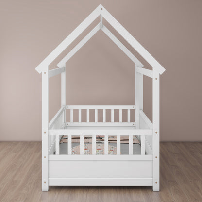Twin size floor bed with white wooden house-roof frame and slatted rails by HouseOfZazla on Tampa Home & Garden Store