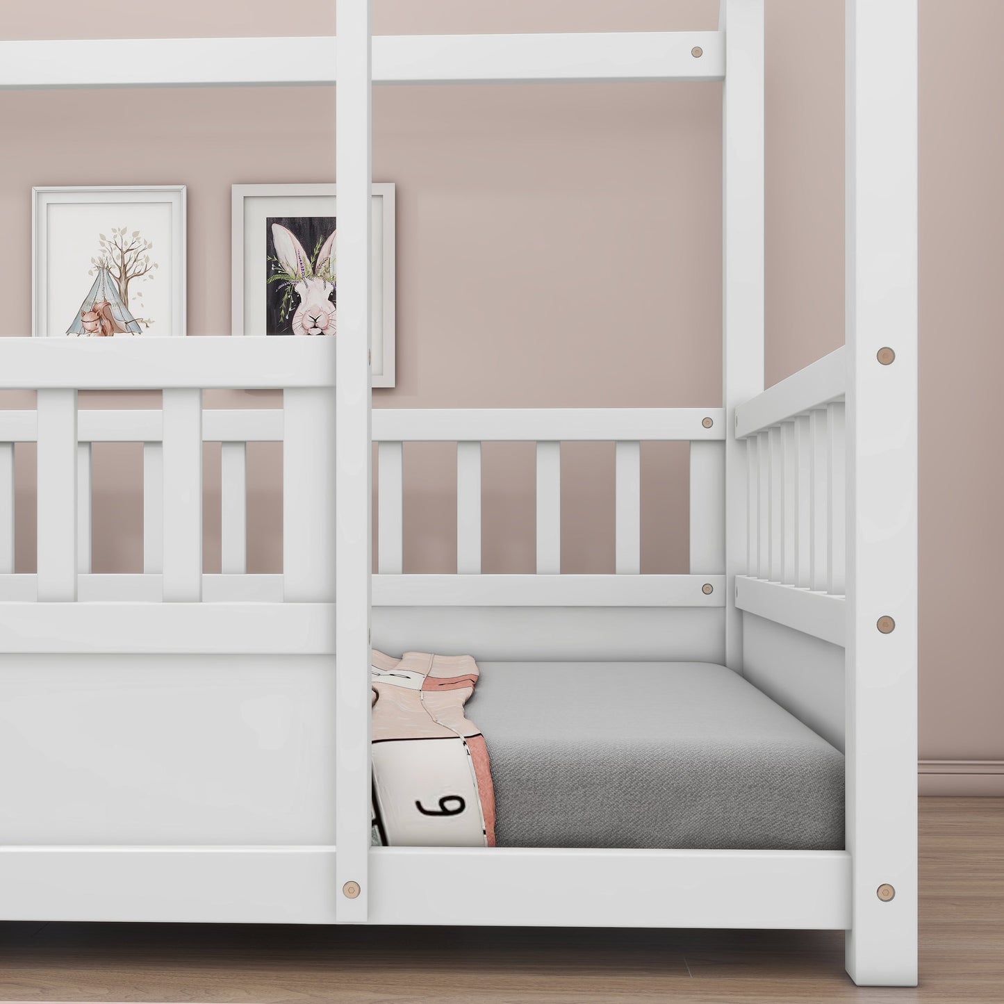 White wooden twin-size floor bed with house-roof frame and gray mattress on Tampa Home & Garden Store