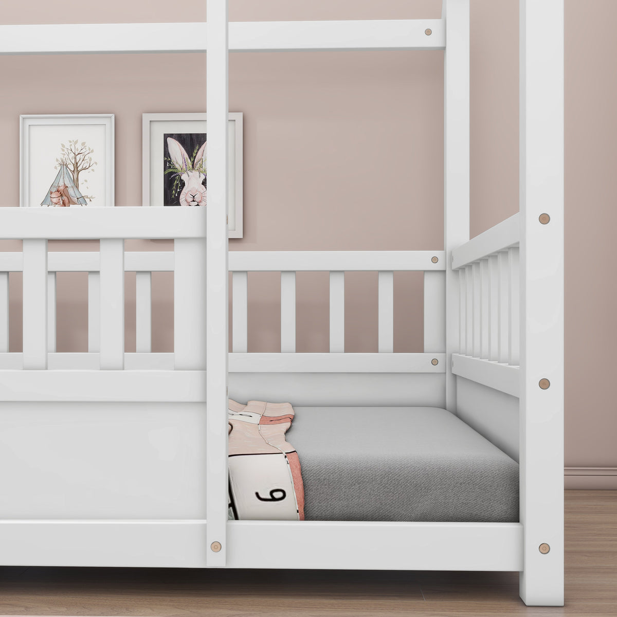 White wooden twin-size floor bed with house-roof frame and gray mattress on Tampa Home & Garden Store