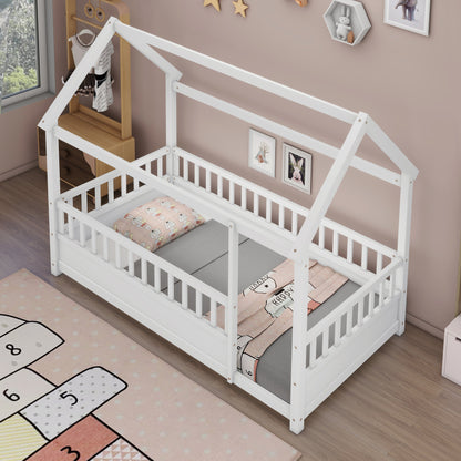 Twin Size Floor Bed with House Roof Frame in white wood by HouseOfZazla on Tampa Home & Garden Store