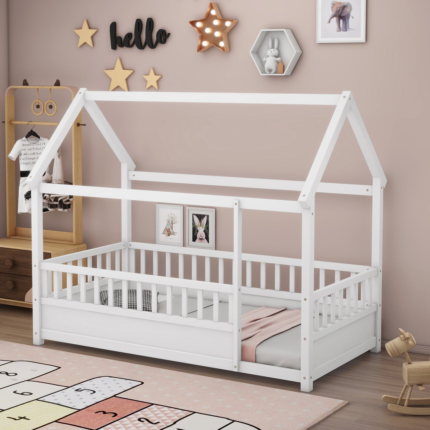 Twin size white wooden bed with house roof frame by HouseOfZazla on Tampa Home & Garden Store