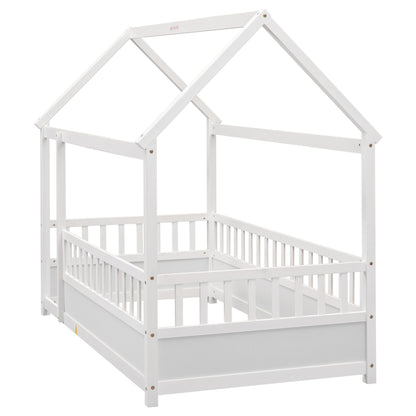 Twin size floor wooden bed with house roof frame in white by HouseOfZazla on Tampa Home & Garden Store