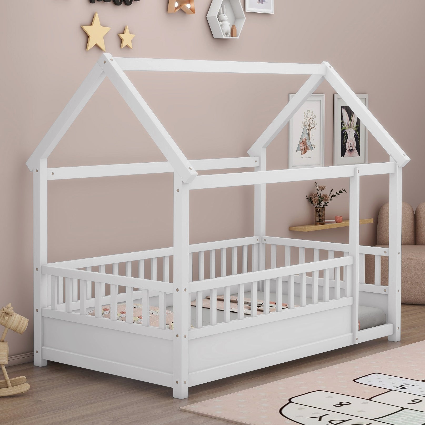 Twin size floor wooden bed with house roof frame in white, HouseOfZazla on Tampa Home & Garden Store