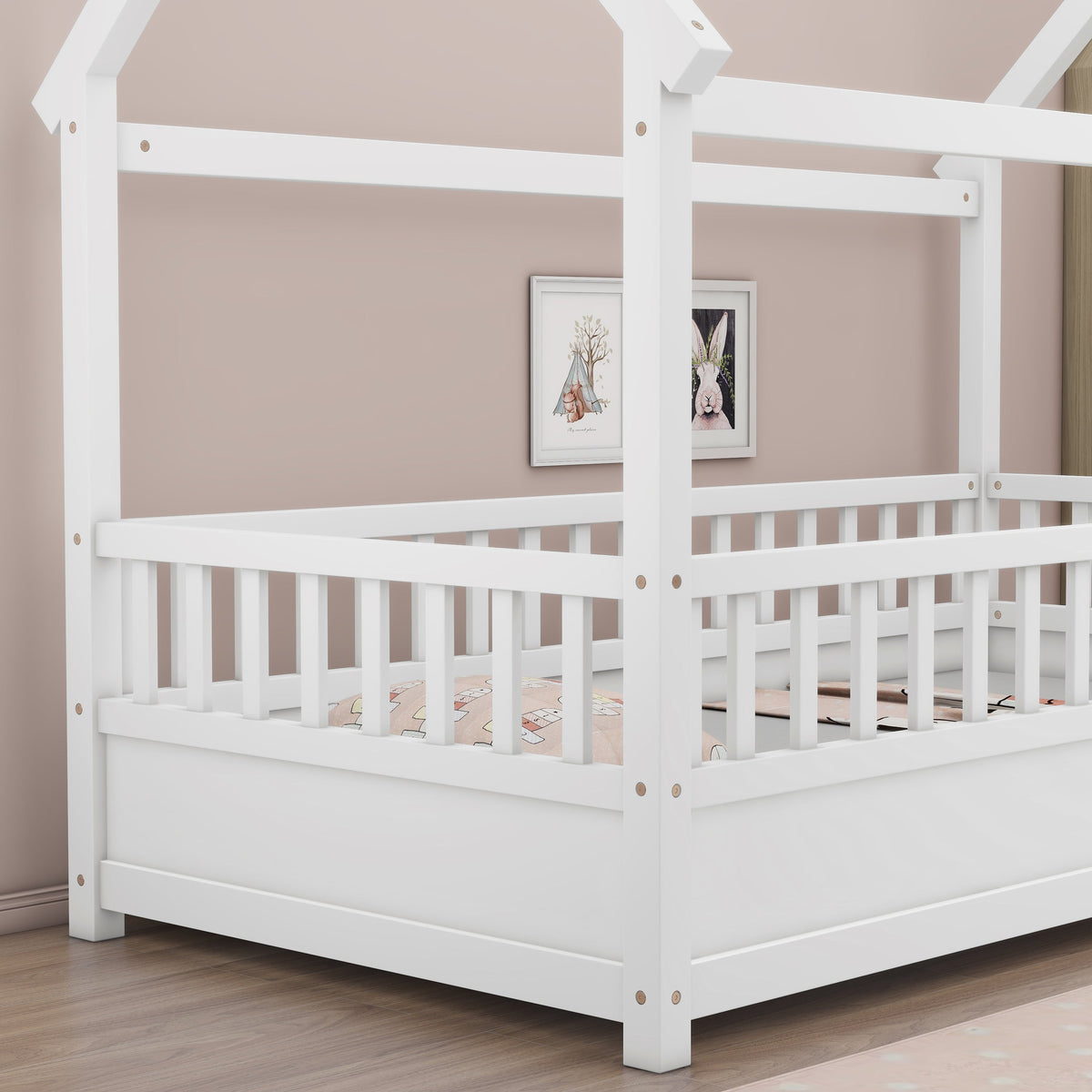 Twin-size floor wooden bed with house-roof frame, white, by HouseOfZazla on Tampa Home & Garden Store