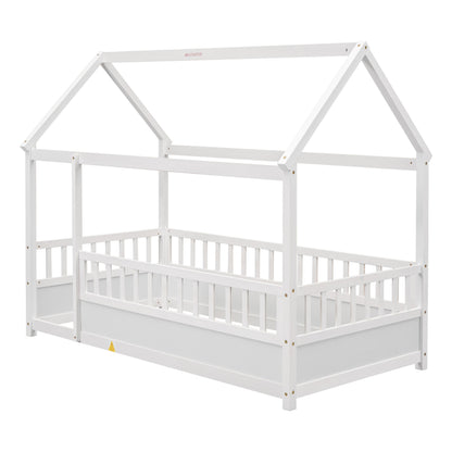 Twin size floor wooden bed with house-roof frame, white finish, HouseOfZazla on Tampa Home & Garden Store
