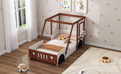 Fun Play Design Twin Size Car Bed by HouseOfZazla with brown wooden frame and white base on Tampa Home & Garden Store