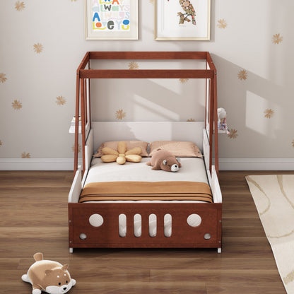 Fun Play Design Twin Size Car Bed by HouseOfZazla in brown wood with tan bedding and plush toys on Tampa Home & Garden Store