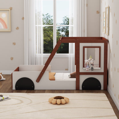 Fun Play Design Twin Size Car Bed by HouseOfZazla with white panels and brown wood frame on Tampa Home & Garden Store